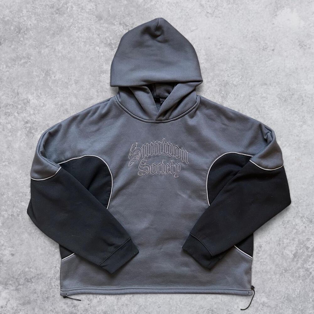 SumWon Society Oversized Gray Black Sleeve Hoodie Fleece Lined Soft Pullover - L